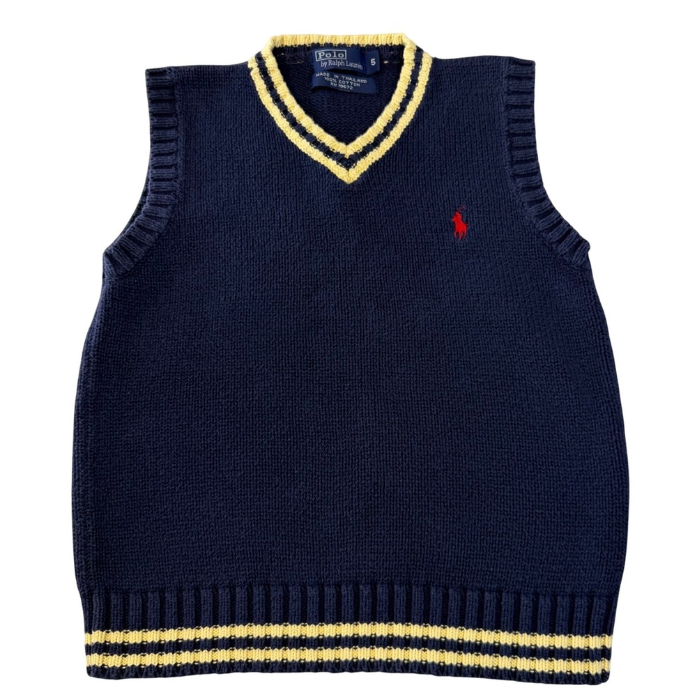 Polo Ralph Lauren Kids Navy Blue Cotton Knit V-Neck Varsity Sweater Vest Size 5